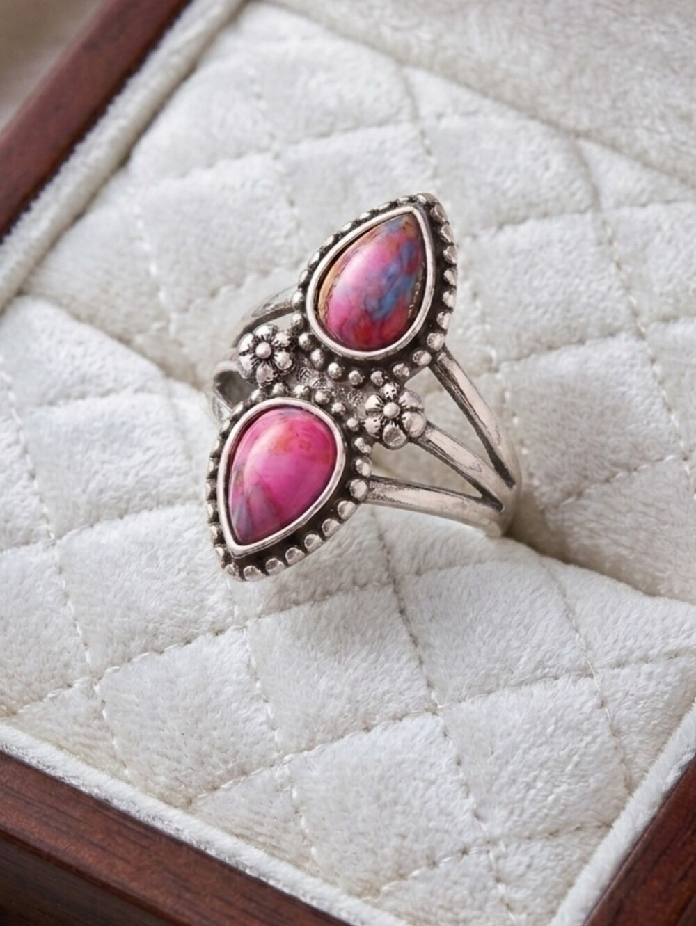 🩷 Boho Pink Spiny Oyster Turquoise Statement Ring Silver Plated Size 7